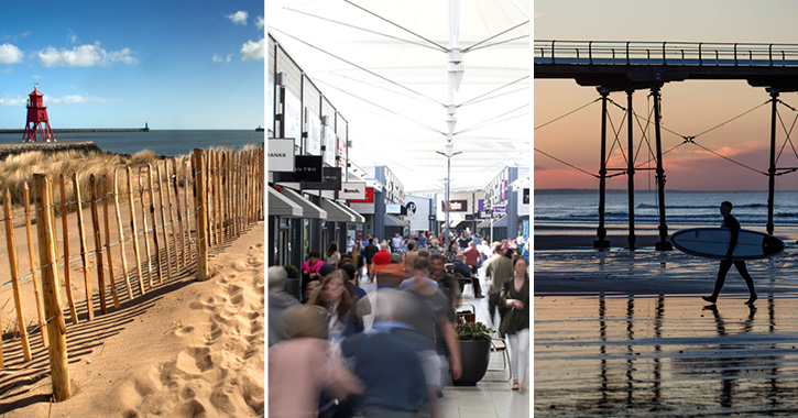 South Shields, Dalton Park shopping outlet centre and Hartlepool beach